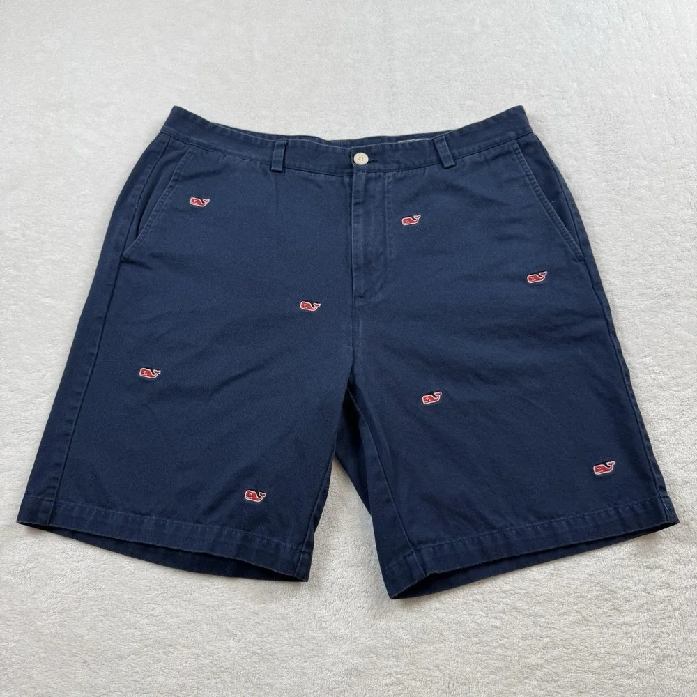 Vineyard Vines Breaker Chino Shorts Men's 36 Navy Blue Whale Red Embroidered